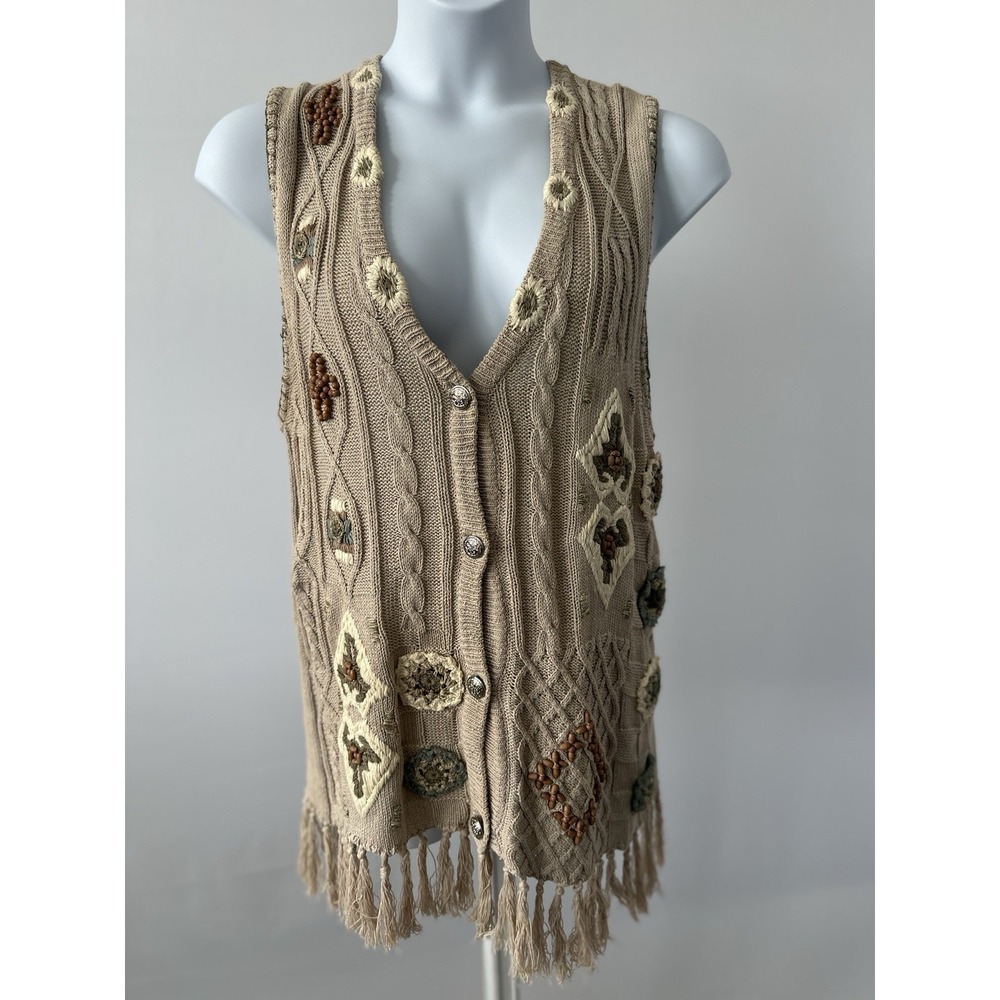 VTG Shenanigans Embroidered Beaded Fringe Tan Boho Sweater Vest Sz: M (b63)
